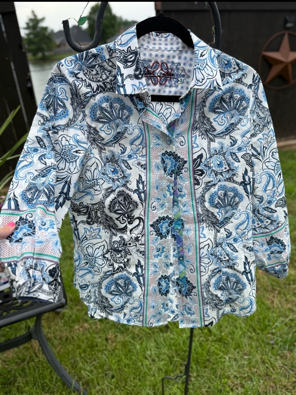 Robert Graham Blue Paisley Button Front Blouse Coastal Resort Chic Small